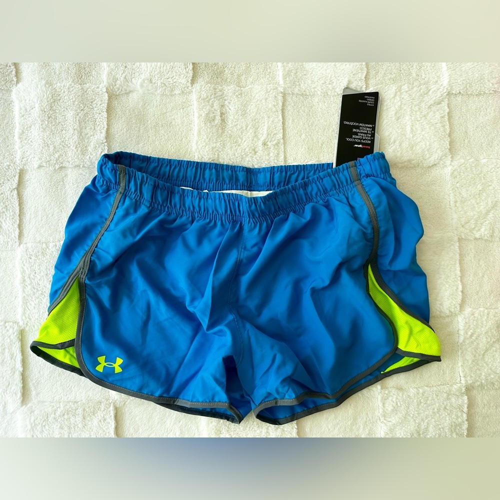 UNDER ARMOUR Women’s Running Shorts, Size Medium, Blue Gray Green, 3” Inseam